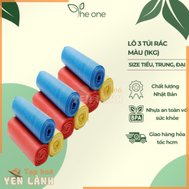 Lô 3 cuộn túi rác màu (1kg) túi đựng rác sinh học tự phân hủy, túi rác dai, dày dặn chịu đc nước sôi. Túi đựng rác