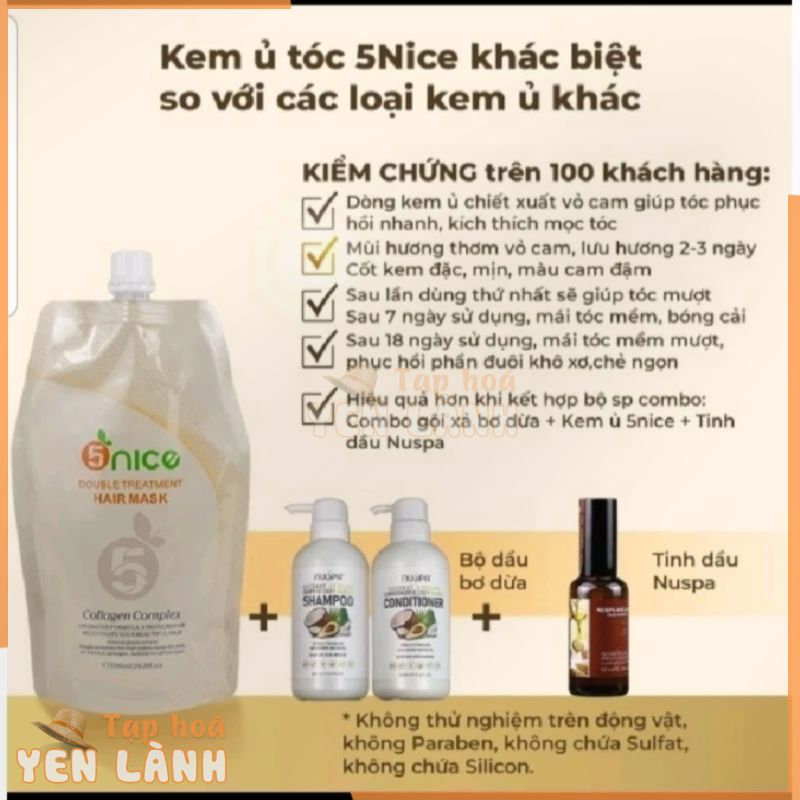 TÚI KEM Ủ TÓC, HẤP TÓC 5NICE TĂNG SINH COLLAGEN, DƯỠNG TÓC 500ml ( Shop tặng kèm 1 kẹp tóc, 1tinh dầu easycos 60ml,1ct)