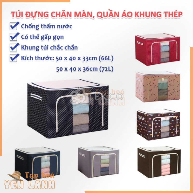 [15 Mẫu] Túi Đựng Quần Áo, Chăn Màn, Mền Gối Khung Thép – Hộp Vải Đựng Đồ Đa Năng Chống Thấm Nước (Loại 66L/72L)