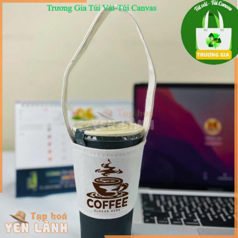 Túi vải Canvas màu trắng treo ly cốc kích thước 13×8.5x11cm in hình COFFEE Trương Gia Túi Vải – Túi Canvas