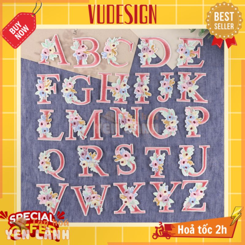 Sticker Dán Vải, Sticker Ủi Thêu Quần Áo, Balo, Túi, Mũ Chữ Cái Alphabet Màu Hồng Đính Hoa Vudesign