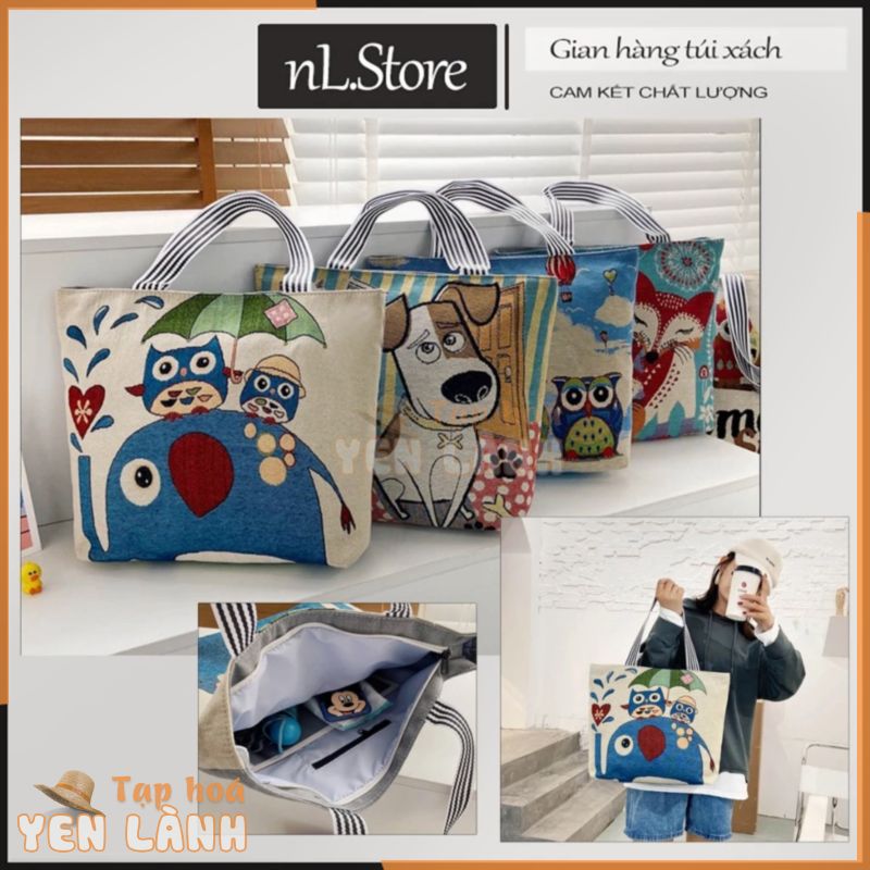 Túi tote vải canvas thêu thổ cẩm có khóa kéo + ngăn phụ size lớn đựng đồ đi làm đi học T04 nL.Store