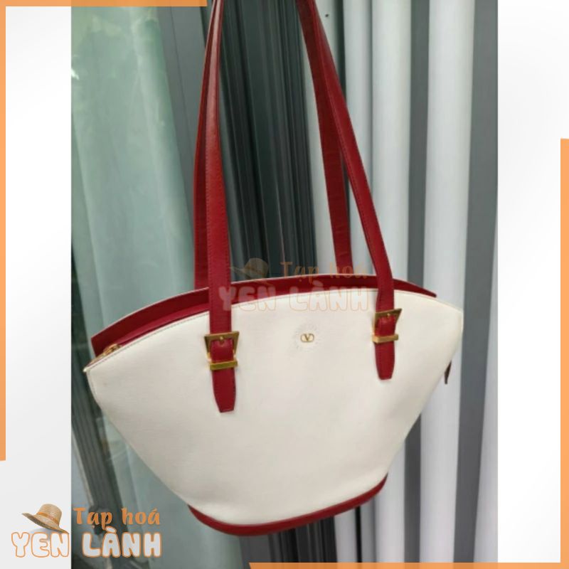 Túi tote da bê Vintage Valentino Garavani authentic calfskin đỏ trắng si Nhật