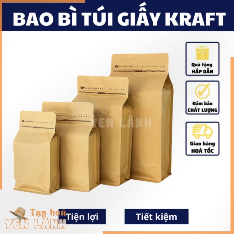 Túi giấy kraft nhật bao bì đựng cà phê hạt khô van 1 chiều túi xi măng 4 cạnh túi zip gói hàng đựng thực phẩm giá rẻ