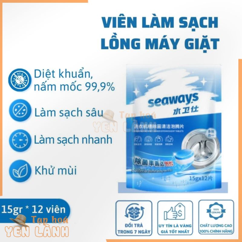 Viên Vệ Sinh Lồng Máy Giặt Công Nghệ Cao Seaways – Diệt Sạch 99,99% Vi Khuẩn -Tẩy Sạch Cặn Máy Giặt ( túi 15g*12 viên)