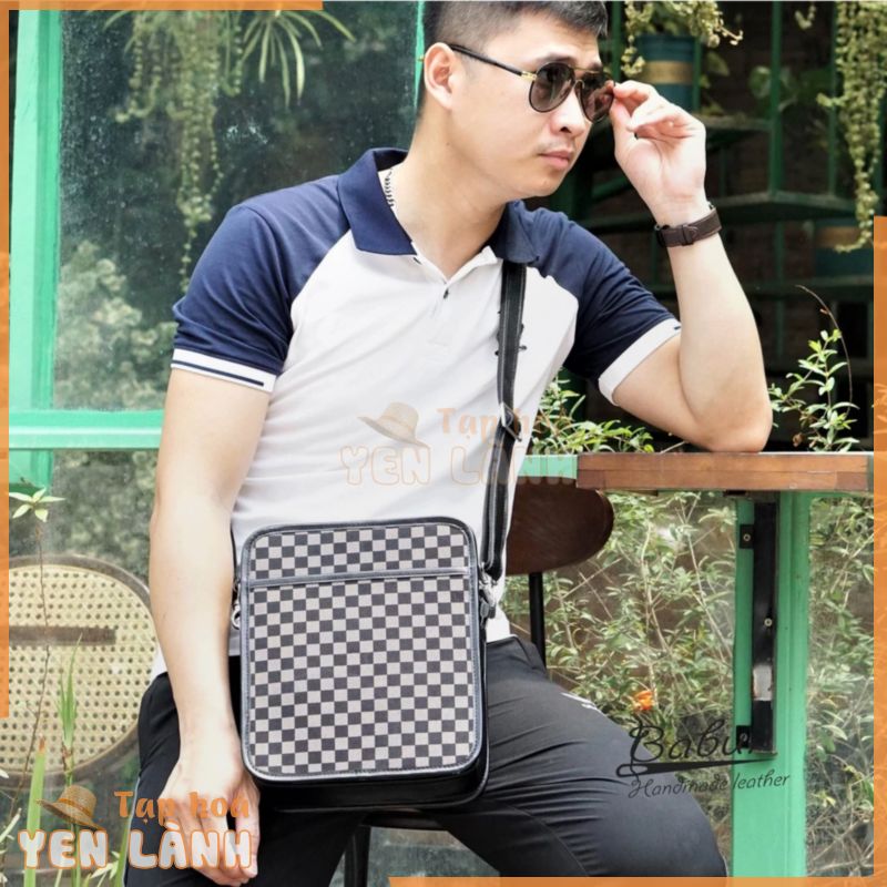 Túi xách da bò thật 100 phối Canvas đen, túi xách chéo nam Babu Handmade BB002