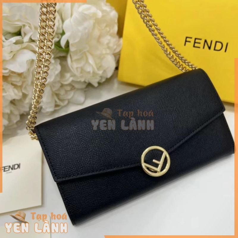 [Có hộp đóng gói quầy] Fendi Đơn hàng chính hãng có thể mang theo qua vai Chất lượng hàng đầu Da bò nhập khẩu ở nước ngoài Móc khóa tùy chỉnh Phần cứng Nhãn vàng Túi chuỗi LOGO Ví đeo vai Túi xách nữ màu đen phù hợp