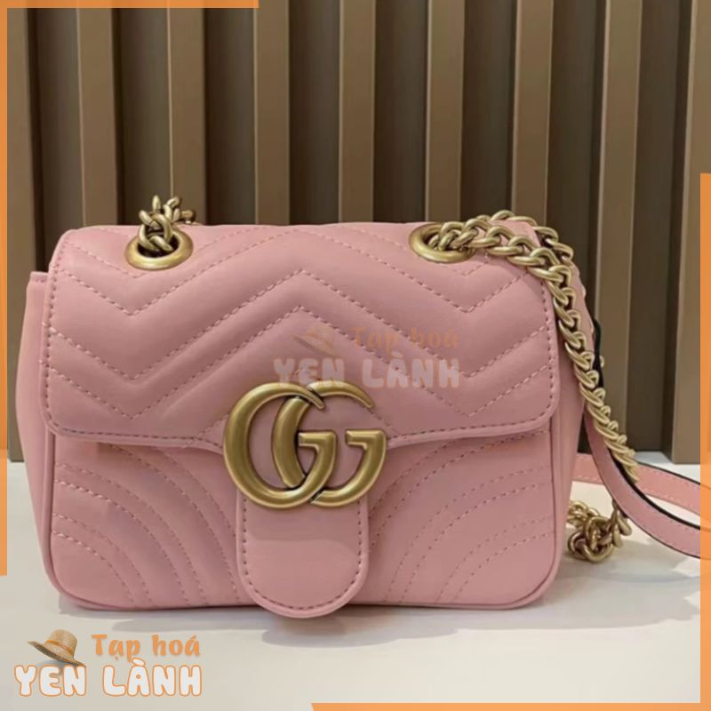 [Có Hộp Đóng Gói Quầy] 23 Phong Cách Mới Gucci Square Fat Double G Logo Chụp Từ Tính Mở Đóng Quilted Da Thật Túi Xách Da Túi Đeo Vai Đeo Vai Nữ Màu Hồng Dây Xích Túi Chính Hãng 1: 1