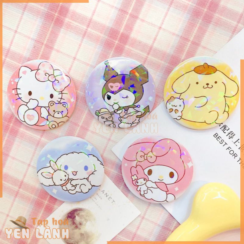 Huy hiệu hologram lấp lánh cài áo cài túi xách hình tròn mạ thiếc hoạt hình Sanrio Kuromi Melody Cinnamoroll Kitty