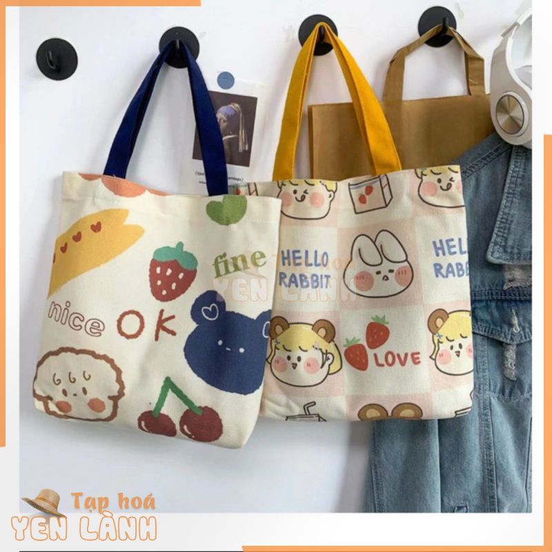 Túi tote vải canvas hoạ tiết hoạt hình cute đi học đi chơi phong cách Hàn Quốc – Túi xách nữ đi học thêm dễ thương