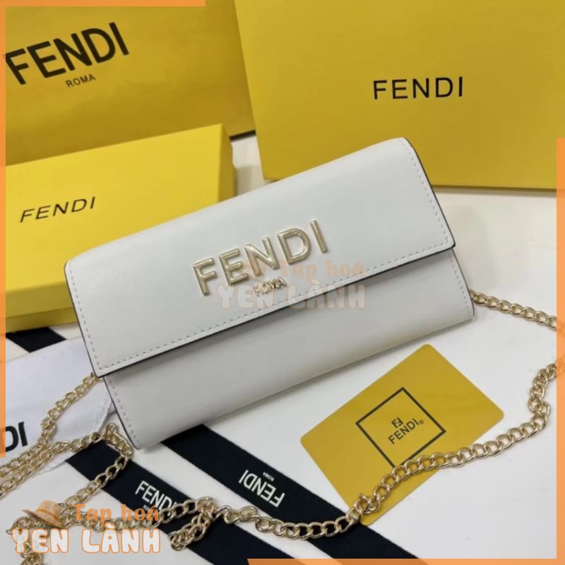 [Có hộp đóng gói quầy] Fendi Original Single Gold Finish Metal Parts Brand Micro-Label Solid Color Cow Wallet Chain Bag Túi đeo vai Túi xách nữ màu trắng 1: 1