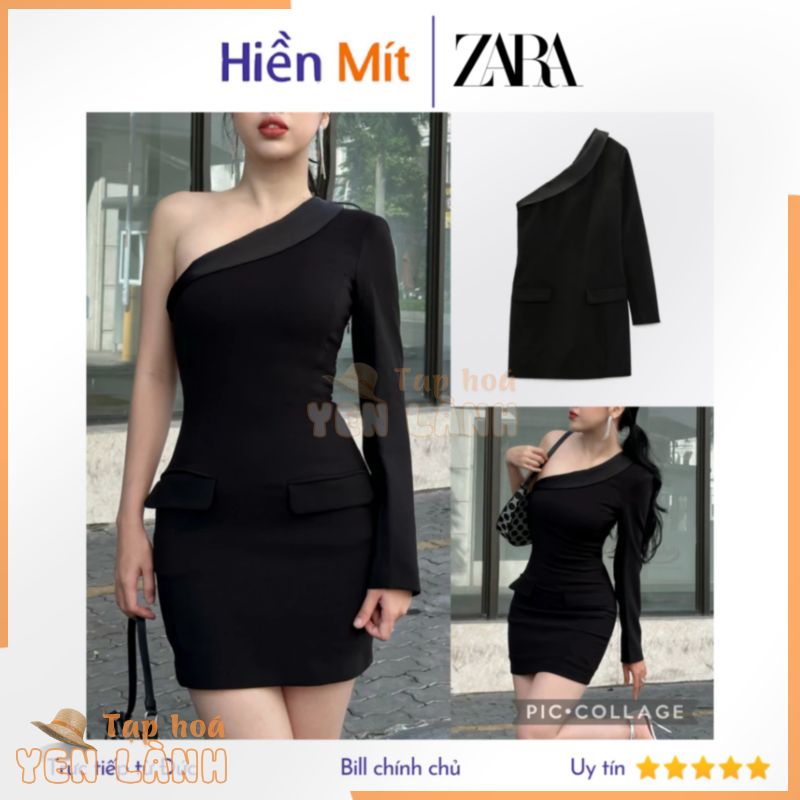 ZARA Đức – Đầm body ngắn lệch vai một tay dài độn vai viền cổ lụa satin hai túi nắp màu đen sale auth new tag 8975/707