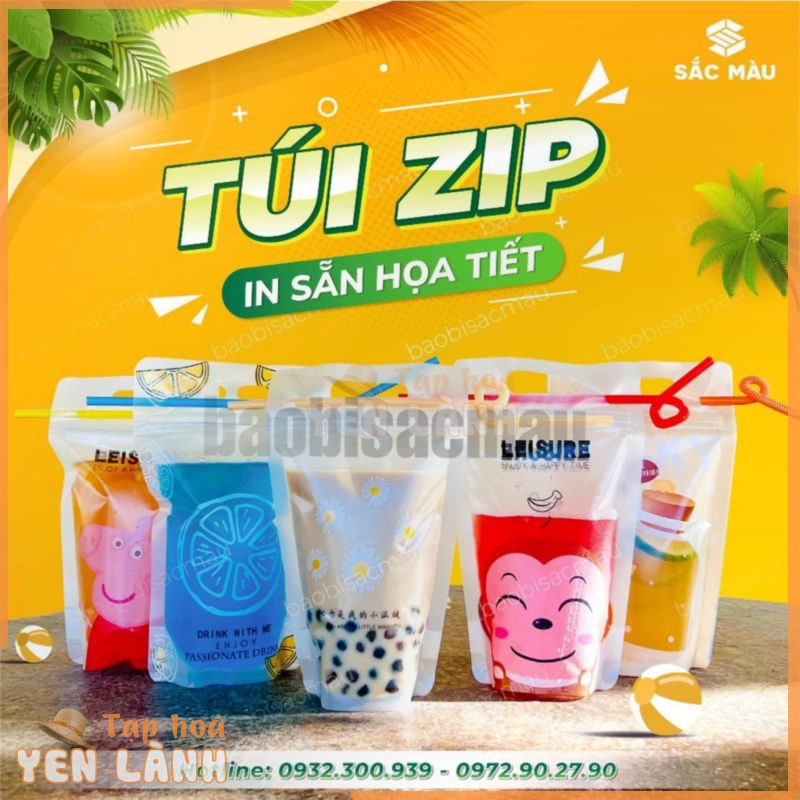 HOT Set 100 Túi zip trà chanh, trà sữa tặng kèm ống hút