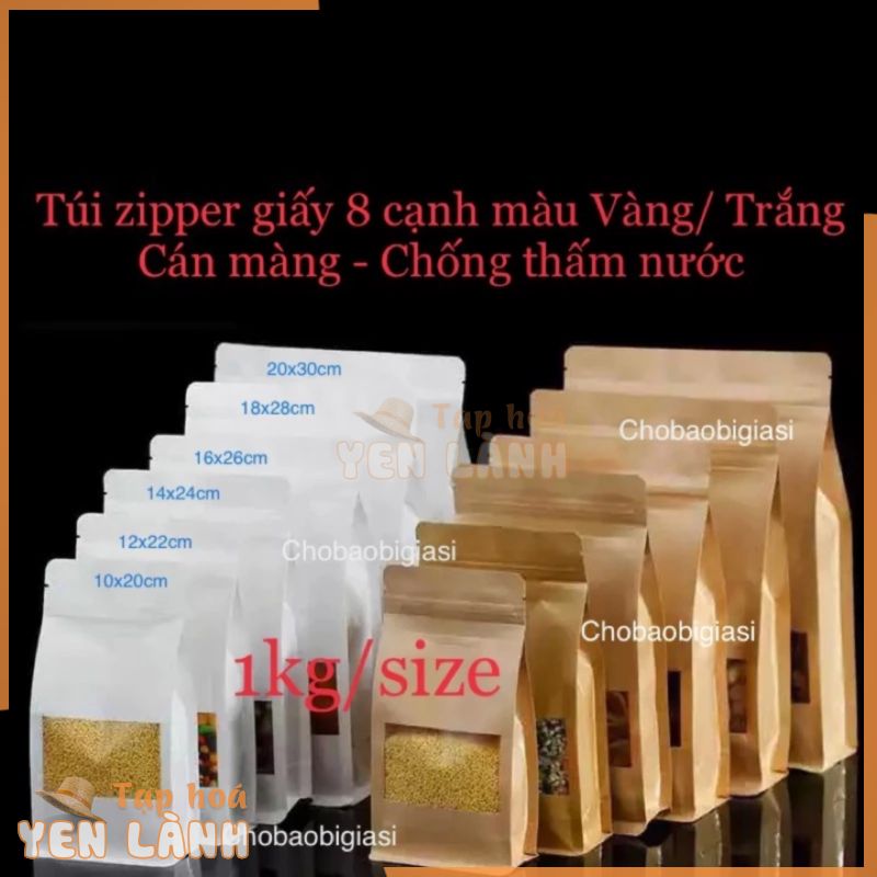 {1kg/size} Túi zip 8 cạnh giấy màu Vàng/Trắng đáy vuông cán màng – chống thấm nước sang trọng, hàng đẹp (sp y hình)