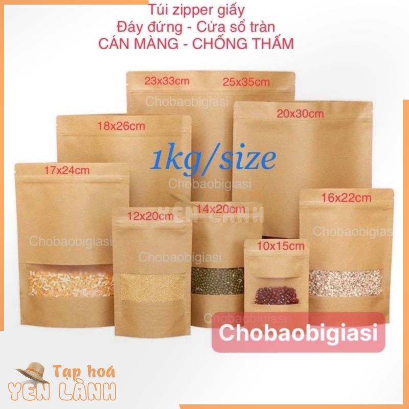 {1kg/ size} Túi zip giấy Kraft Vàng đáy đứng cửa sổ tràn có CÁN MÀNG – CHỐNG THẤM NƯỚC (có sẵn 12 size – sp y hình)