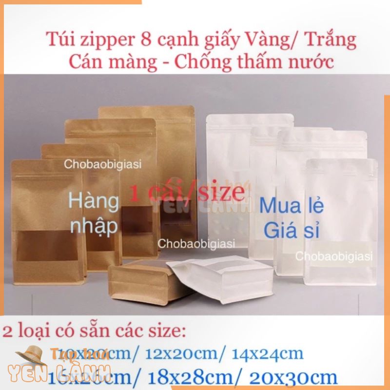 {Thử size 1cái/size} Túi zipper 8 cạnh giấy màu Vàng/Trắng đáy vuông cán màng – chống thấm nước hàng đẹp (sp y hình)