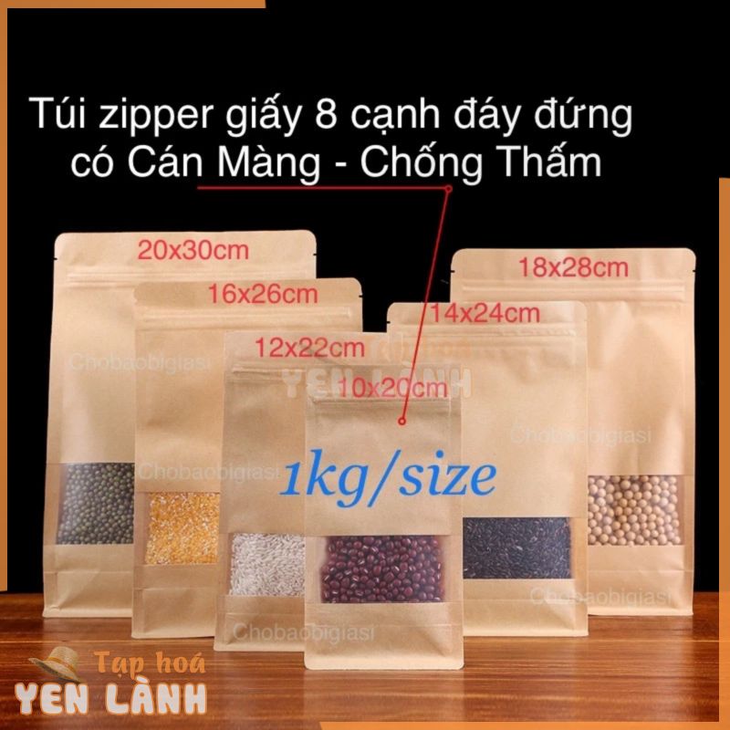 {1kg/ size} Túi zipper giấy Kraft Vàng 8 CẠNH đáy đứng cửa sổ tràn CÁN MÀNG-CHỐNG THẤM NƯỚC (có sẵn 6 size – sp y hình)