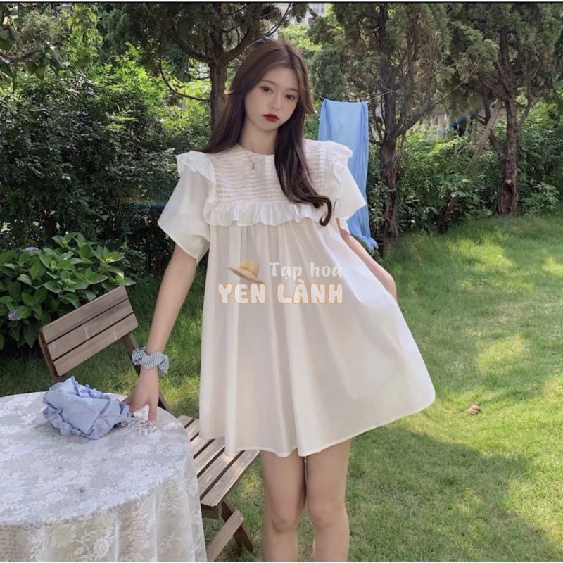 [Ảnh thật] Váy babydoll bèo vai xếp li ngang ren ngực dáng ngắn giấu quần