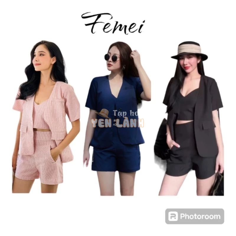 femei – Set 3 món – Áo blazer vest, áo 2 dây, quần ngắn ( đen – xanh navy – hồng )