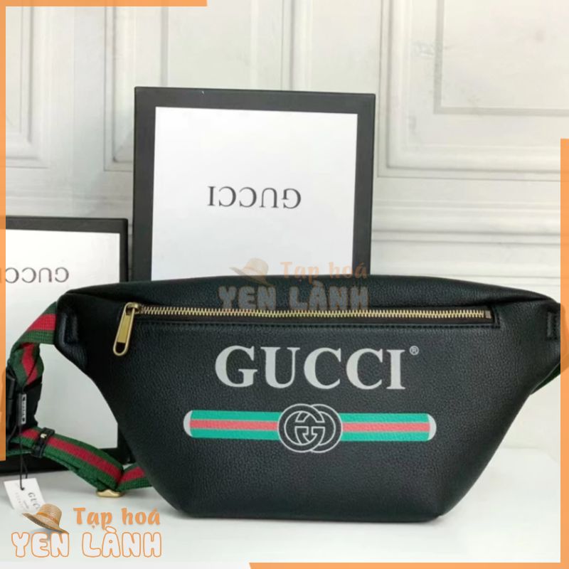 [Có hộp đóng gói quầy] Nhãn hiệu Gucci chính hãng ở nước ngoài Daigou in họa tiết cổ điển có sọc dung tích lớn Túi đeo ngực bằng da Túi thắt lưng cỡ nhỏ nam nữ cùng phong cách màu đen