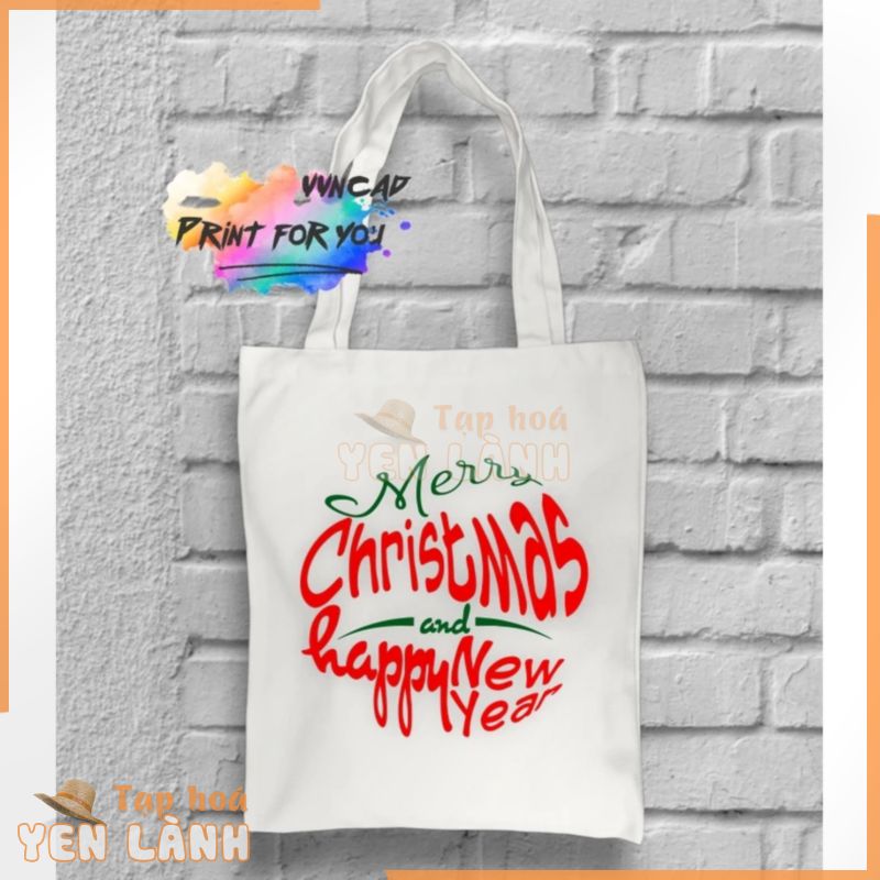 Túi vải canvas tote với họa tiết Merry Christmas And Happy New Year