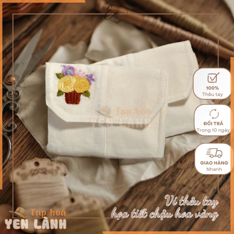 Ví Handmade Linen Họa Tiết Chậu Hoa Vàng Ví Hoa Thêu Tay 2 Ngăn Có Nắp Gập Nút Nam Châm