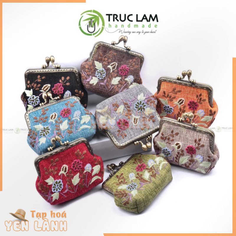 Ví Xu Cầm Tay Mini Khóa Nẹp Đồng Vải Gai Thêu Tay Họa Tiết Hoa Cỏ – Trúc Lâm Handmade