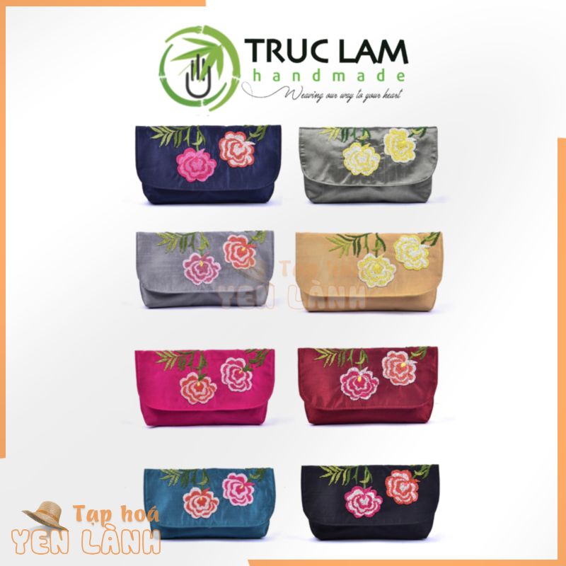 Ví Cầm Tay Nữ Clutch Vải Tafta Cao Cấp Nắp Gập Họa Tiết Hoa Thêu Tay THEUV32 Trúc Lâm Handmade