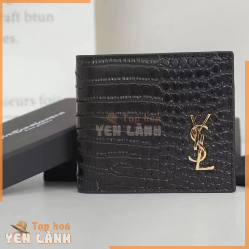 [Có Hộp Đóng Gói Quầy] LOGO Vàng Saint Laurent YSL Họa Tiết Cá Sấu Ý Da Calfskin Nam Ngắn Ngăn Đơn Ví Da Mờ Nam Đen Đơn Hàng Chính Hãng