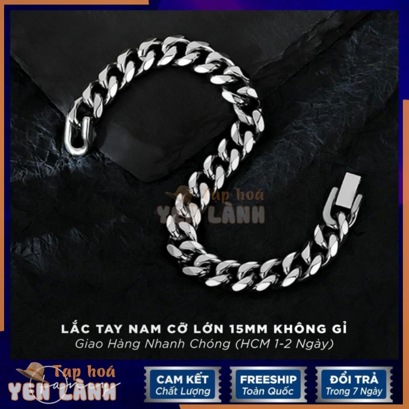 Vòng đeo tay nam cuban mắc xích 15mm thép titan không gỉ, lắc tay nam nữ Fancy bản lớn màu bạc 15mm