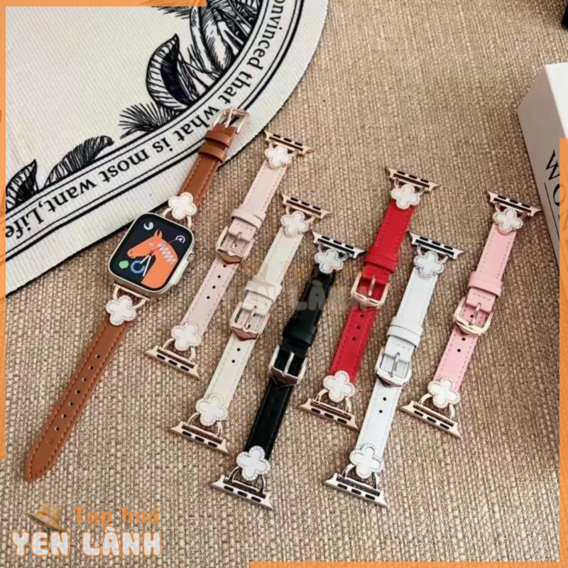 Dây đeo bằng da cho apple watch band series 8 6 6 6 se 4 vòng đeo tay kim loại cỏ bốn lá cho iwatch 49mm 45mm 44mm 42mm 41mm 40mm 38mm