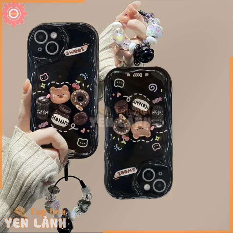 Đối với redmi a1 10c 9c nfc 9 10 12c 9t 10a a2 9a note 12 10 11 11s 10s pro max plus mi 12 11 lite poco m3 dễ thương coffee donut bear 3d doll toys vòng đeo tay cong gợn sóng mềm Trường hợp cover