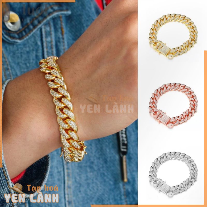 Cuban Vòng tay mạ vàng kim 14K đính đá kim cương lấp lánh rộng 12mm phong cách hip hop thời trang cho nam Vòng đeo tay vàng