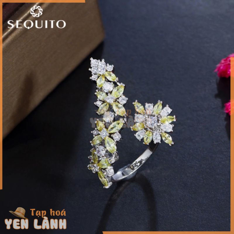 Sequito Mạ Bạc Tinh Tế Full Lát Dazzling Vàng Trắng AAA Zirconia Pha Lê Mở Vòng Đeo Nữ Trang Sức Prom Có Thể Điều Chỉnh Ngón Tay R092