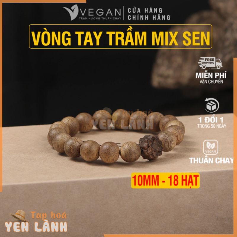 Vòng tay VEGAN Trầm Hương Thuần Chay mix charm sen 18 hạt 10mm