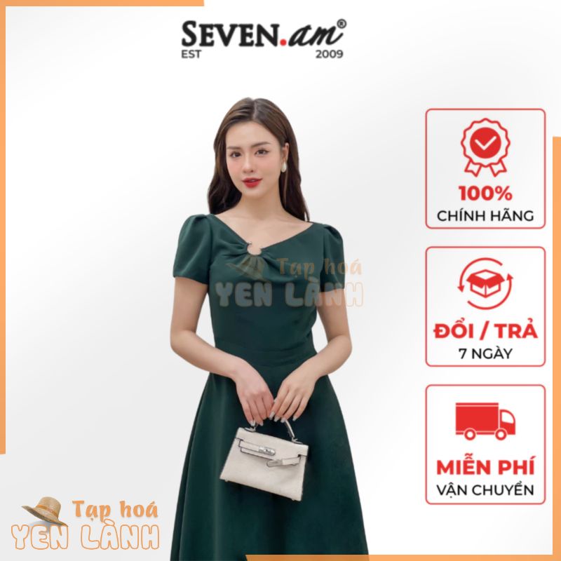 Đầm xòe tay cộc xanh cổ lệch vòng trang trí Seven.AM H633321D