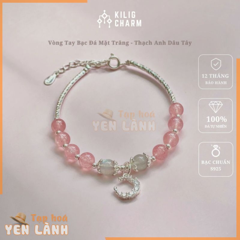 Vòng tay bạc năng lượng thạch anh dâu mix đá mặt trăng dành cho nữ thu hút may mắn, tình duyên freesize KILIG CHARM KC01