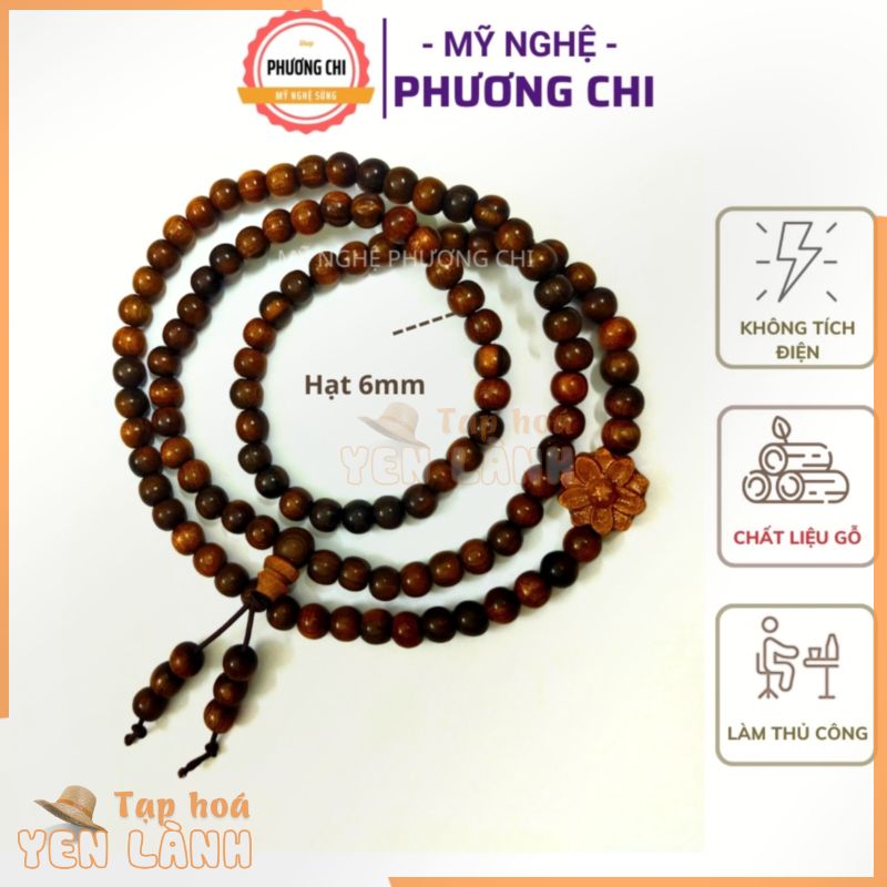 Vòng Tay 6ly Chuỗi Tràng 108 Hạt Gỗ Vân Mun Đuôi Công Mix Charm Hoa Sen | Mỹ Nghệ Phương Chi