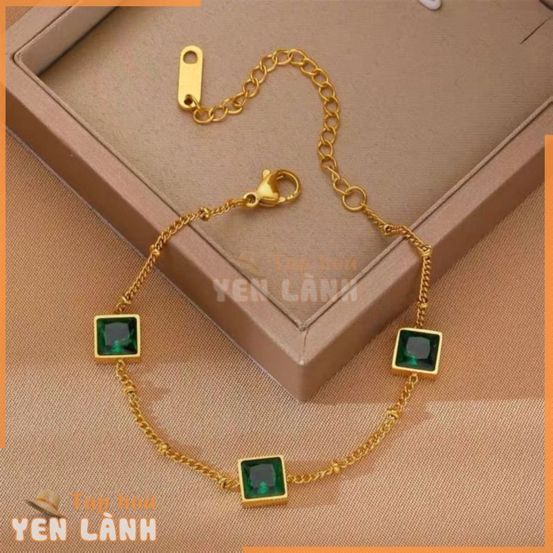 Vòng Tay Thép Titan Mạ Vàng Đính Đá Zircon Ngọc Lục Bảo Hình Vuông Phong Cách Trung