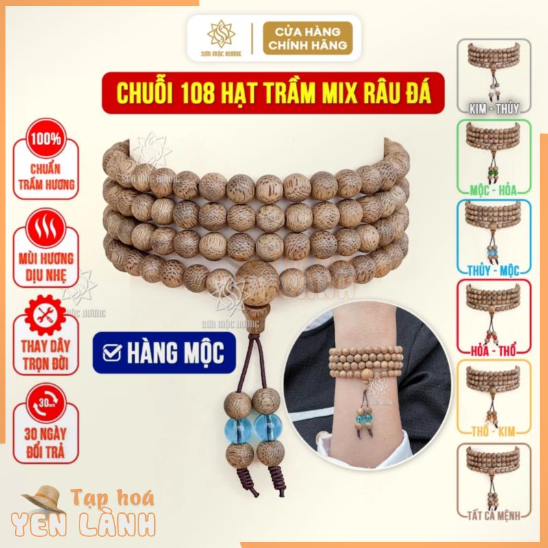 Vòng tay trầm hương chuỗi 108 hạt Sơn Mộc Hương mix râu đá màu phong thủy mệnh kim mộc thủy hỏa thổ