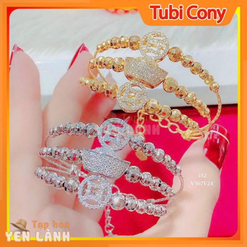 Vòng tay ba hàng mạ vàng 18k or bạch kim chạm thỏi vàng mặt đồng tiền kim tài V567 – 352 Tubi Cony – Mang thời trang – P