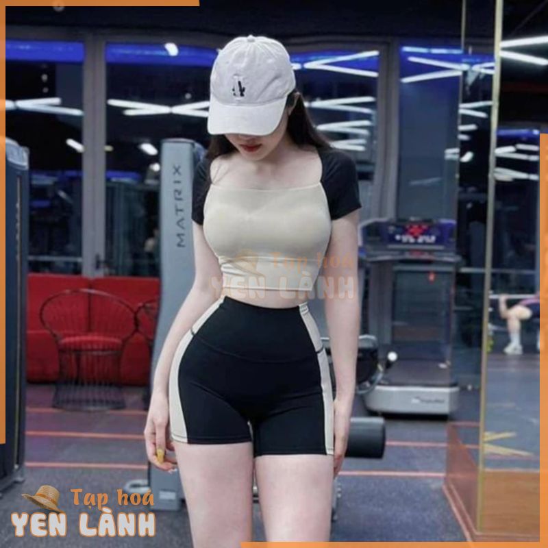 [HOT TREND] Bộ Quần Áo Tập Gym Yoga Fitness Nữ, Áo Cộc Tay Kết Hợp Quần Đùi Phối Màu, Siêu Hack Vòng 3 Đôn Mông Cực Cháy