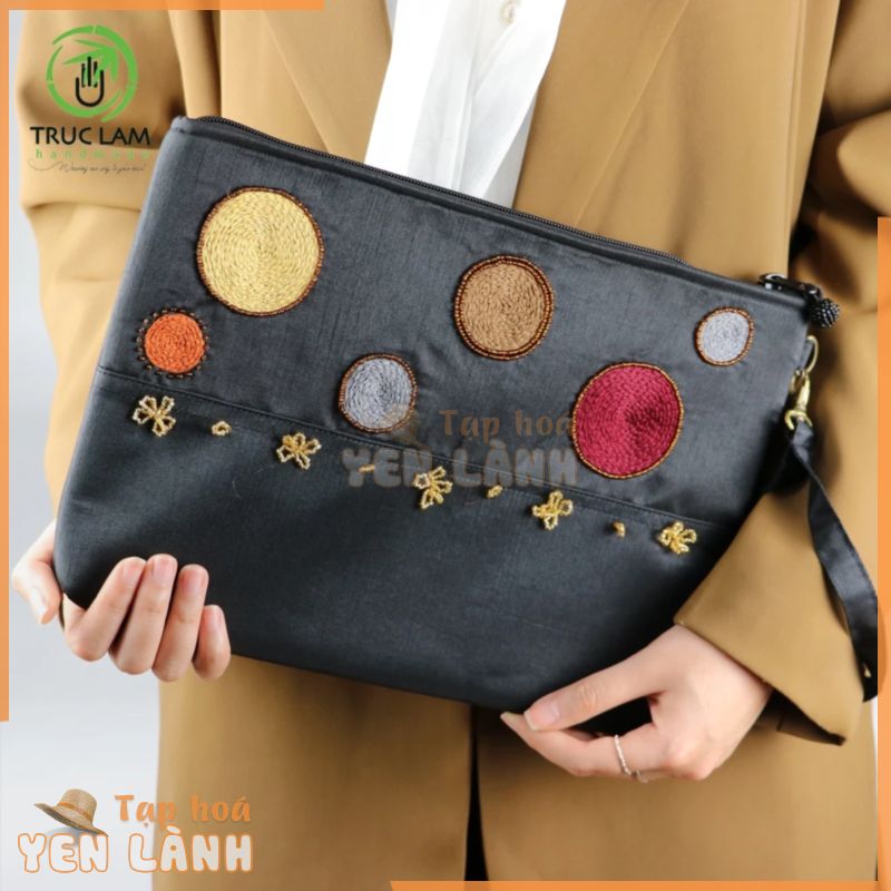 Ví Cầm Tay Đựng Ipad Clutch Vải Tafta Thêu Vòng Tròn Hạt Cườm Thủ Công Cỡ Lớn – Trúc Lâm Handmade