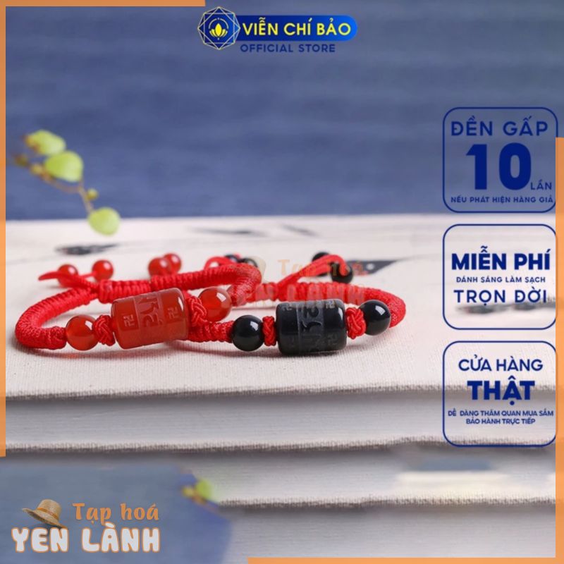 Vòng chỉ tay trụ lục tự đen dây vải đỏ chất liệu đá tự nhiên thời trang phụ kiện trang sức Viễn Chí Bảo V000196