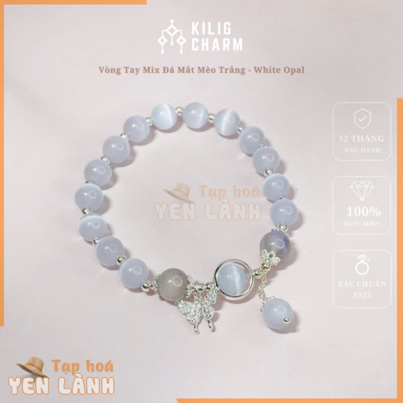 Vòng tay đá năng lượng đá mắt mèo trắng mix moonstone thu hút sức khỏe, may mắn- KILIGCHARM KC07