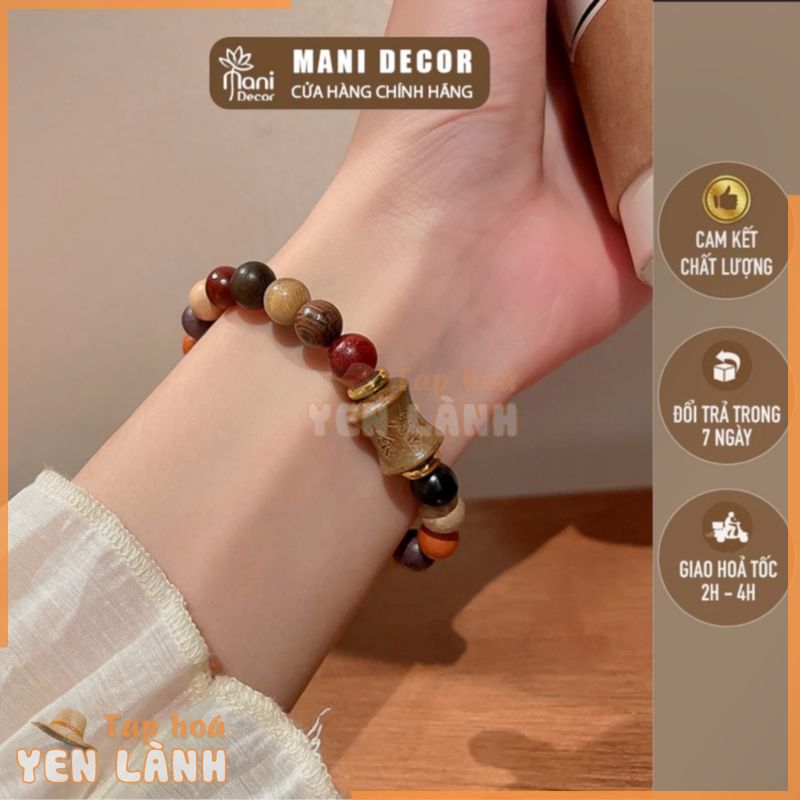 Vòng tay gỗ nhiều màu mix charm khắc chú bình an om mani padme hum cho nam và nữ – Mani Decor