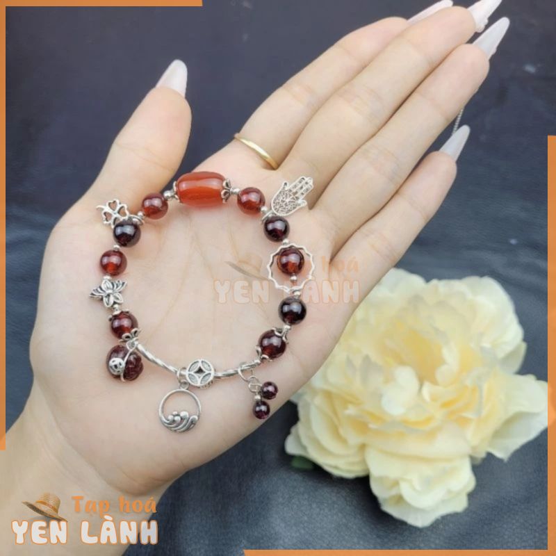 Lắc Bạc Garnet Ngọkc Hồng Lựu +Túi Tiền Thạch Anh Tóc Đỏ Vip Đồng Trục + Lu Thống Agate Đỏ Thiên Nhiên – Phong Thủy TUDO