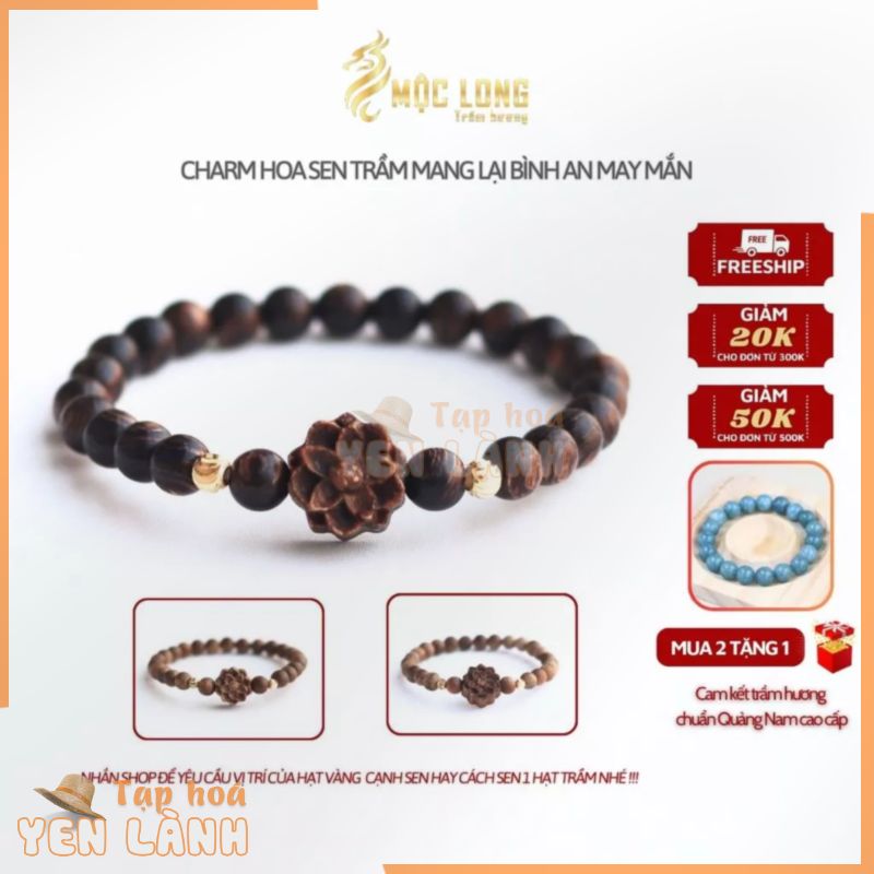 Vòng tay trầm hương nam nữ Mộc Long kết hợp charm hoa sen mang lại bình an may mắn 6li