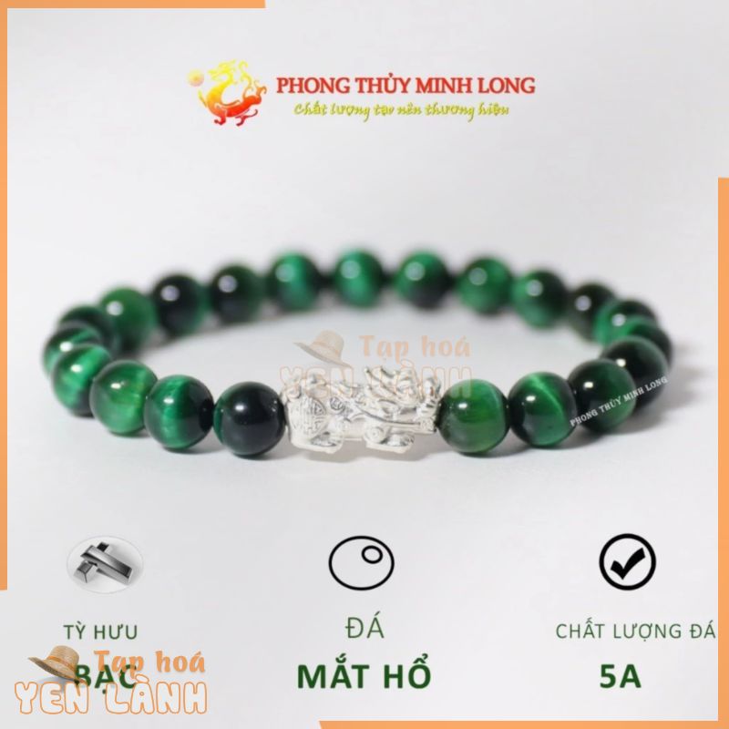 Vòng tay đá Mắt Hổ Xanh Lá 5A mix Tỳ Hưu Bạc hợp mệnh Mộc và Hỏa – Vòng tay phong thủy