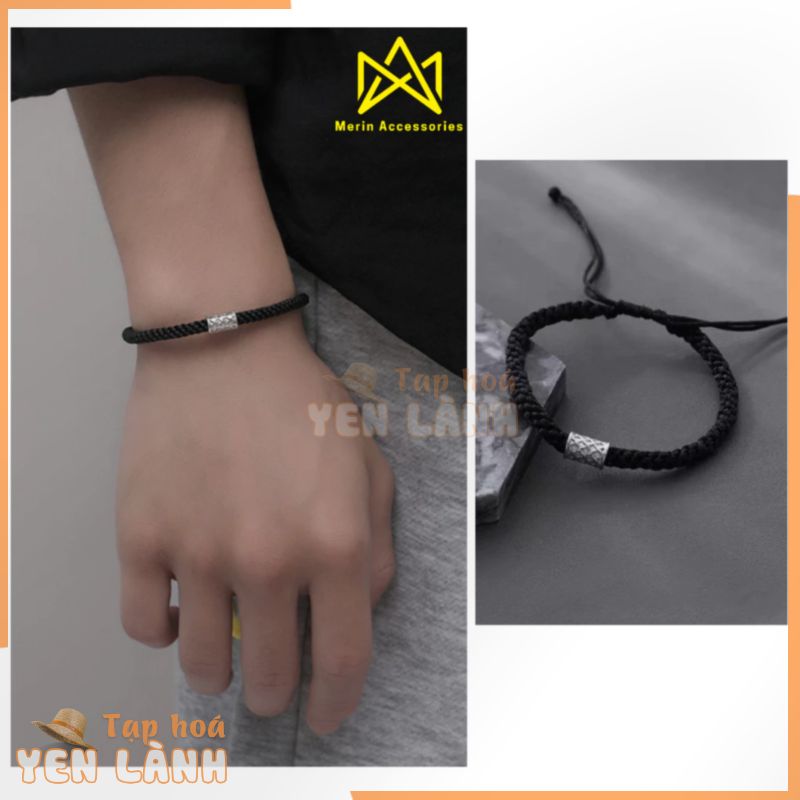 Vòng Tay Vải Nam Nữ Dây Bện Hanmade Dây Rút Mặt Hình Ống Merin Accessories màu đen – Vòng Tay Silver Pillar